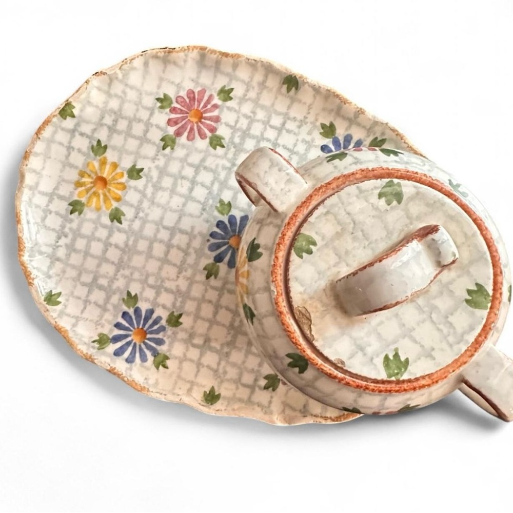 Vintage Hand Painted German Sugar Bowl w Lid & Tray Floral Cottagecore Fairycore